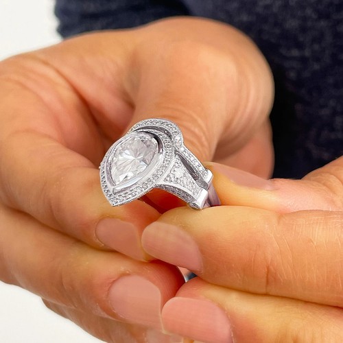 2Ct Pear Cut Lab-Created Diamond Engagement Wedding Ring 14K White Gold Plated - Picture 8 of 9