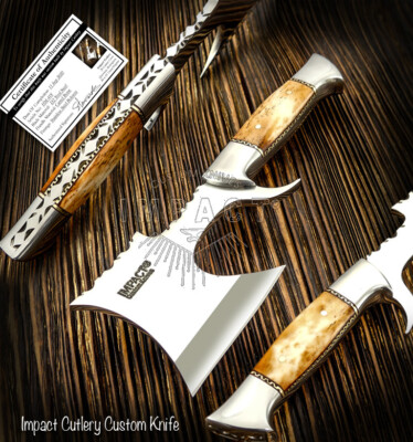 IMPACT CUTLERY RARE CUSTOM D2  FULL TANG AXE ART CHOPPER KNIFE BONE HANDLE