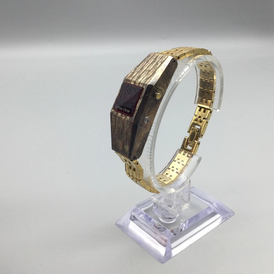 Vtg Compu Chron Watch Women Digital 20mm Gold Tone Red LED 1970's New Battery 6" - Image 4 of 4
