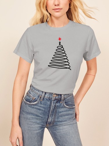 Womens Simple Christmas Tree Design Graphic Print Crew Neck Short Sleeve T Shirt - Picture 10 of 17