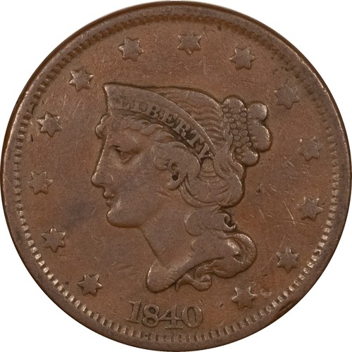 1840 Large Date N-10 Braided Hair Large Cent Extremely Fine XF