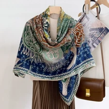 70% Cashmere & 30% Silk Wrap Scarf Stole Knight Print Square Shawl 53" blue new