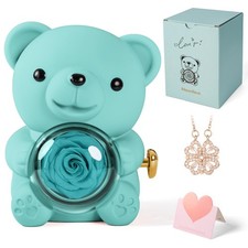 Romantic Teddy Bear with Preserved Rose and Necklace, Real Rose in Elegant Gi...