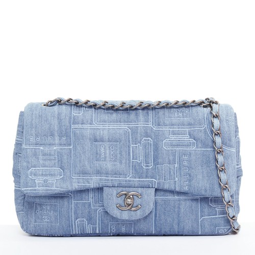 Chanel Perfume Bottle Embroidered Denim Single Flap Bag Women Blue One Size