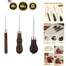 3 Pack Leather Scratch Awl Tool, Awl Tool Sewing with Gourd Shape Wooden Hand...