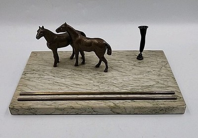 Vtg Spelter Bronze Horse Desk Sculpture Figurine Marble Stone Base Pen Holder 