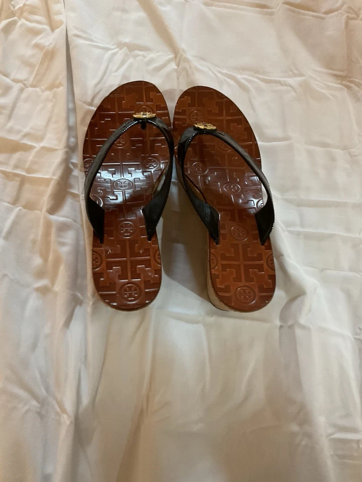 MUJER TORY BURCH THORA CORCHO CUÑA SANDALIA TANGA CUERO NEGRO TALLA 9 MEDIANO Foto 2 de 4