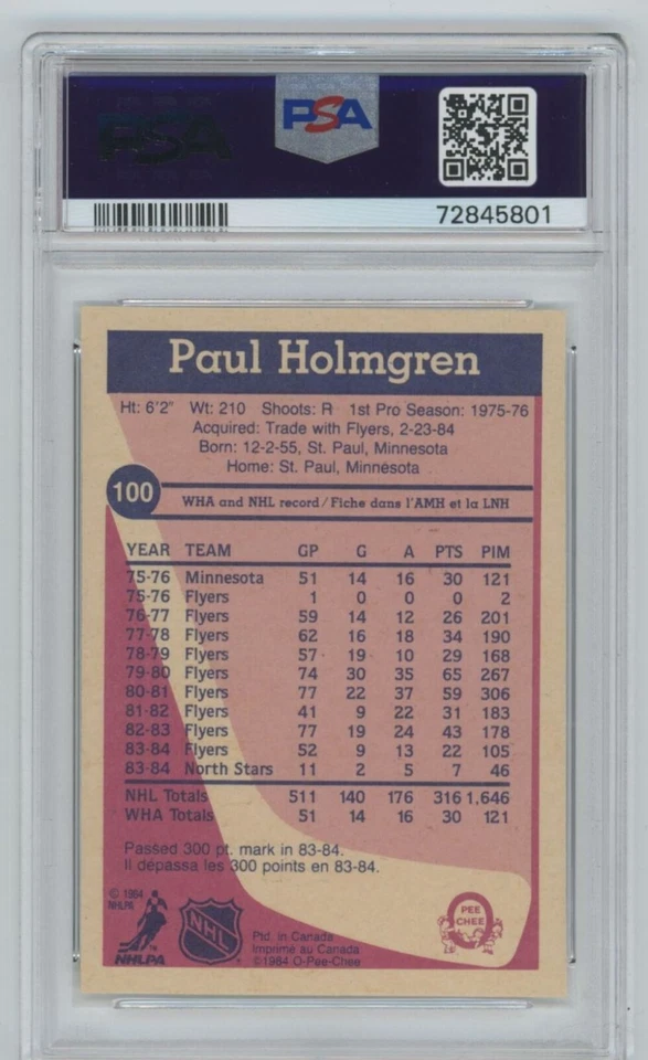 1984 O-Pee-Chee Hockey Paull Holmgren 100 Minnesota North Stars PSA 7 - Image 2 of 2