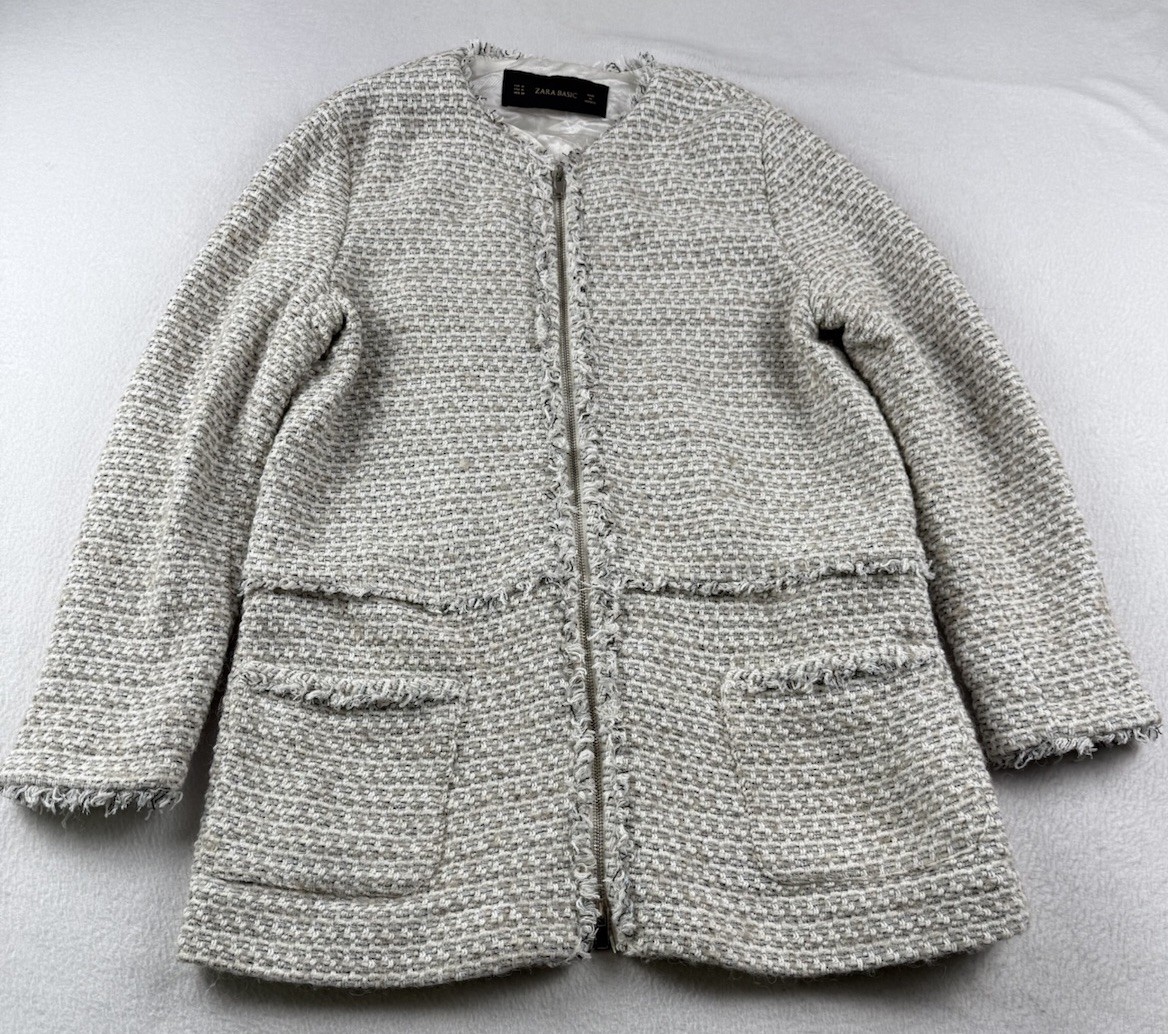 Zara Basic Womens Blazer Jacket M Tweed Fringe Fu… - image 1