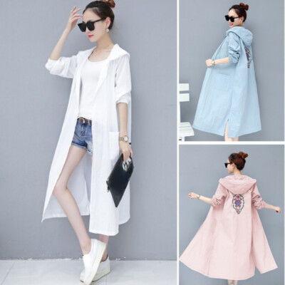 Women Hooded Midi Jacket Open Front Thin Windbreaker Coat Embroidered Cardigan