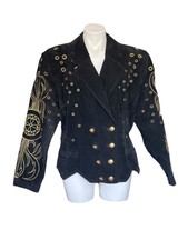 Giorgio Mobiani Black Suede Cropped Jacket Gold Embroidery Scalloped Hem Med