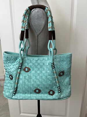 CROMIA ITALIAN-MADE TURQUOSE BASKETWEAVE LEATHER BAG. NWT