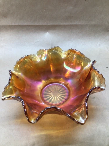 Vintage Carnavall Glass Ruffled Edge Candy Nut Dish Bowl Iridescent Marigold