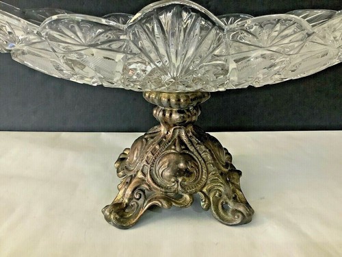VTG Oval Cut Crystal & Cast Metal Pedestal 13” Width Compote Center Piece Bowl - Picture 2 of 10
