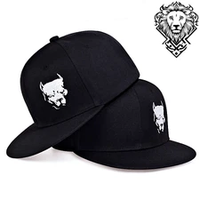 Mens Snapback Baseball Cap Pitbull Dog Embroidered Black Hat Hip Hop Fashion