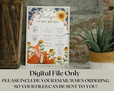 Printable First Birthday Milestone Board Fox Flowers Watercolor Party PDF Print