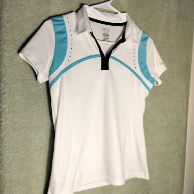 Izod Perform X Polo Shirt Womens Size XS White Blue Rhinestones Short Sleeve