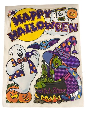 Vintage Halloween Decorations Window Clings Set Of 3 Pumpkins Witches ...