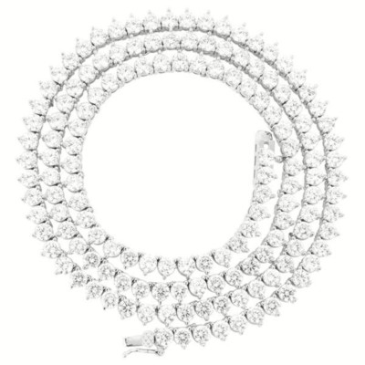 Unisex 3 Prong Tennis Necklace Silver Finish Lab Diamonds 4mm Chain 24 inches