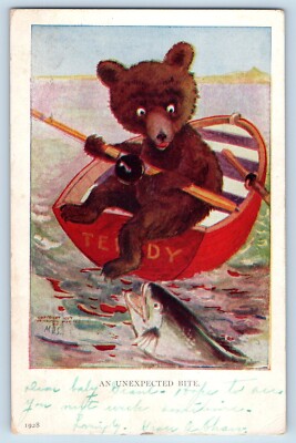 Ullman Signed Artist Postcard Anthropomorphic Bear Boat Fishing An Expected Bite