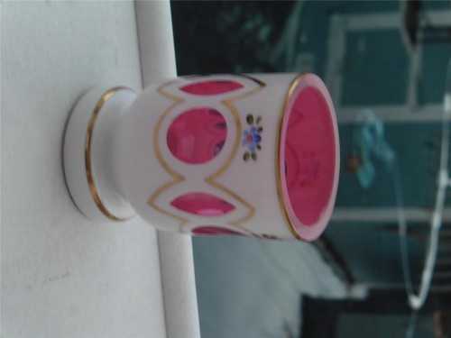 Vtg Bohemian White Cased Cut to Cranberry Glass Toothpick Holder Shot Glass Vase - Picture 5 of 8