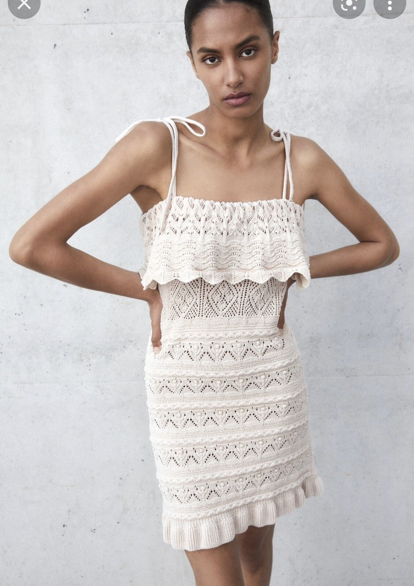zara cream crochet dress ruffle Tie Straps size medium | eBay