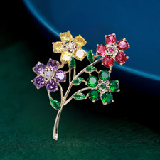 Women's Gold Plated Colorful CZ Cubic Zirconia Flower Leaf Brooch Pin