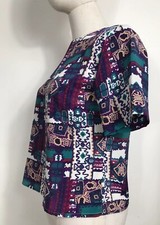 Vintage 80s Blouse Womens Petite 4 Short Sleeve Colorful Art to Wear Made in USA