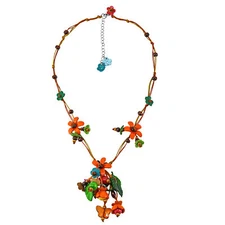 Enchanting Floral Garden Orange Genuine Leather & Wood Necklace
