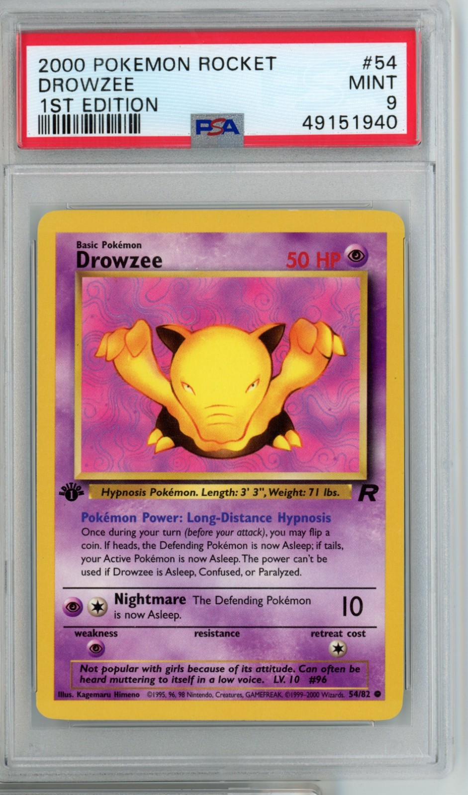 Drowzee 2000 Pokemon Team Rocket 1st Edition PSA 9 Mint #54/82 Vintage WOTC
