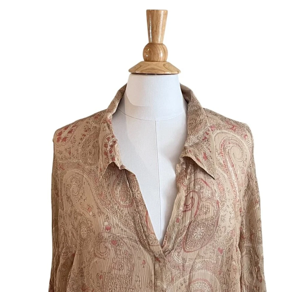 VTG Lane Bryant Sheer Silk Paisley Collared Tunic Cover Up Gauzy Ruched 26/28 - Image 2 of 4