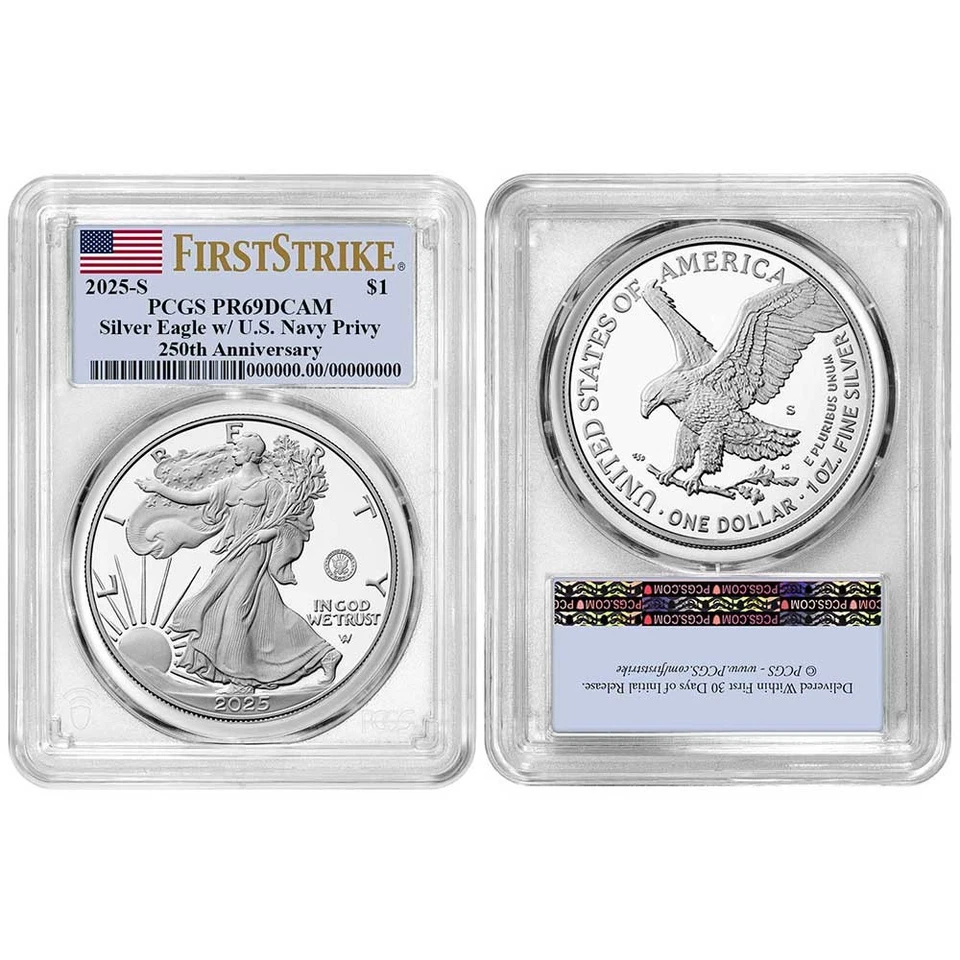 Preventa - Prueba 2025-S $1 American Silver Eagle Navy Privy PCGS PR69DCAM FS Foto 3 de 3