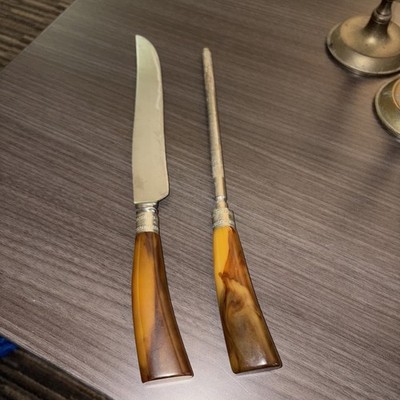 VTG MCM Carving Set, Westall Richardson Sheffield, England Bakelite? Greek Key