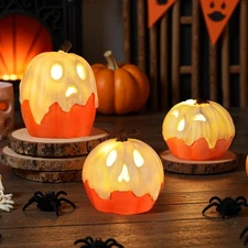 Halloween Decorations,Light Up Ghost Pumpkin Decorations Set of 3,Cute Orange 