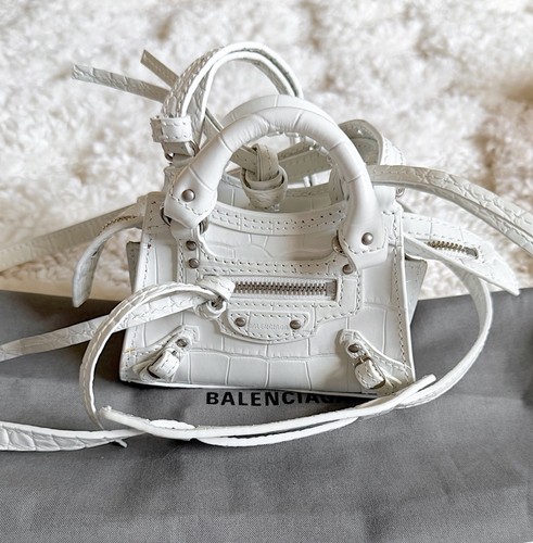 Balenciaga nano mini croc embossed white leather city bag crossbody