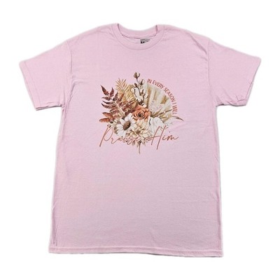 In Every Season I will Praise Him M Pink Shirt Christian Cross Joy Floral Cotton