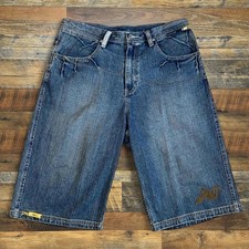 Y2K Rocawear Denim Shorts Baggy Embroidered Patch Logo Size 36.