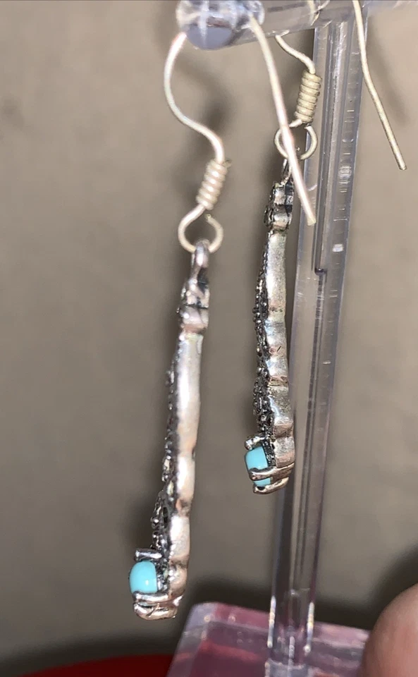 ORECCHINI PENDENTI  LUNGHI CM 5,  IN ARGENTO MARCASITE E TURCHESE - Immagine 4 di 4