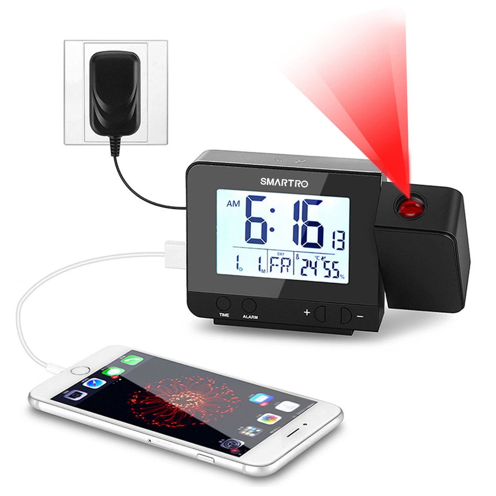 SMARTRO Digital Projection Alarm Clock for Bedrooms with Indoor Thermometer Hyg