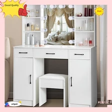 New Vanity Desk Makeup Table LED Lights Mirror with 3 Drawers 2 Cabinet &Stool