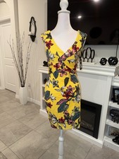 Guess Yellow Floral Wrap Dress with Pink & Green Accents Size S