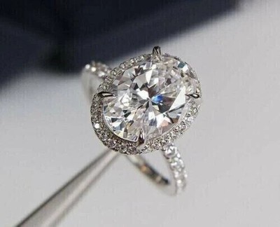 3.20Ct Oval Cut Moissanite Halo Engagement Ring 14K White Gold Plated Silver