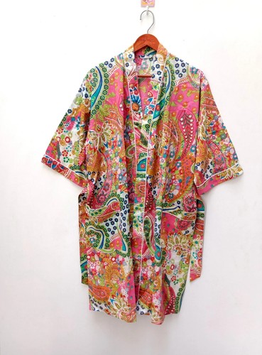 Indian Handmade Vintage Kimono Paisley Print Cotton Bath Robes Maxi Night Gown - Picture 5 of 6