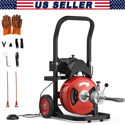 100FT x 1/2 Inch Electric Drain Cleaner Machine 450W Auto Feed Sewer Snake Auger