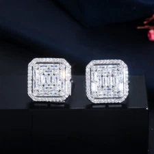 925 Sterling Silver Jewelry Tiny White CZ Crystal Bridal Square Stud Earrings
