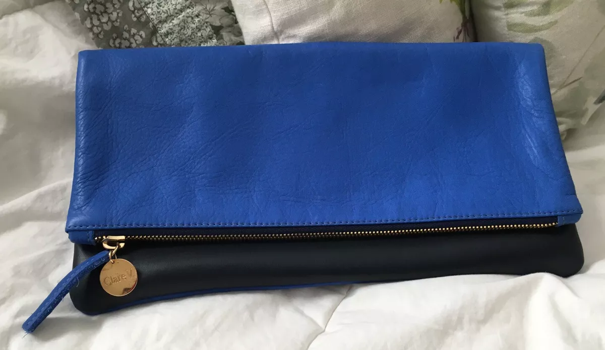 CLARE V. Foldover Clutch in Blue Cobalt/Navy-MINT