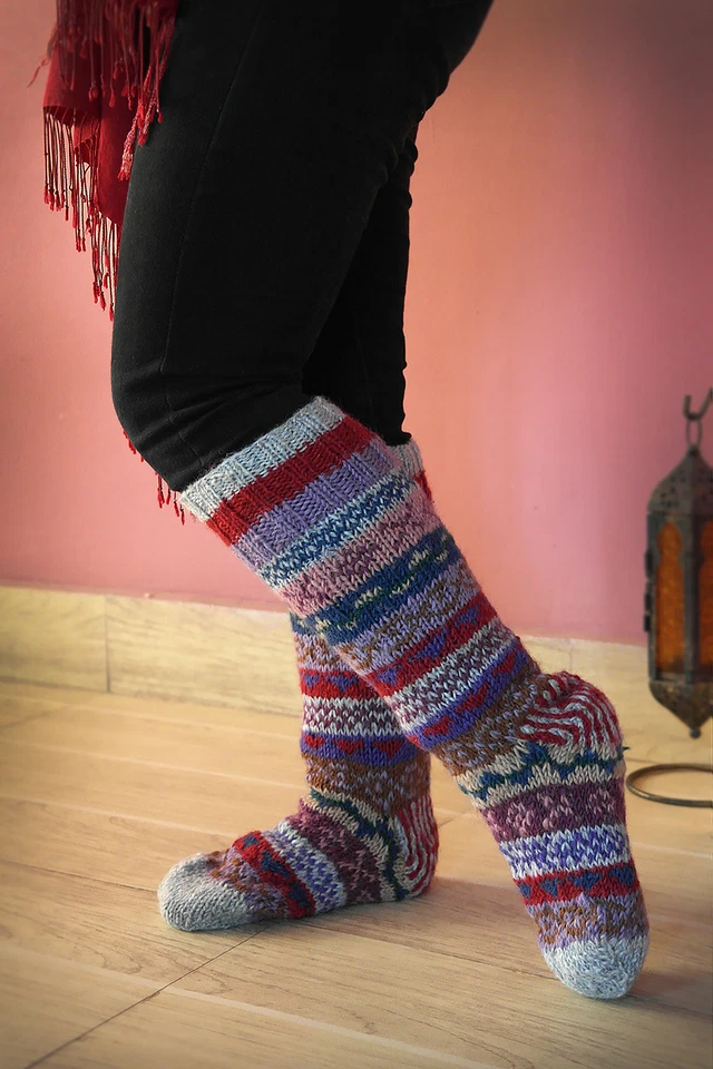 Off white red mixed color Woolen Knee High Socks, Christmas gift socks for sale - Image 4 of 4