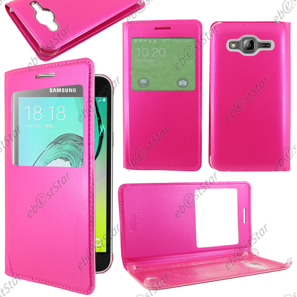 Housse Coque Etui Fen tre View PU Cuir Rose pour Samsung Galaxy J3