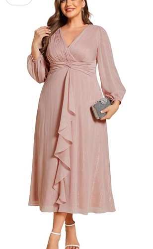 Ever-Pretty Women's V Neck A Line Pleated Tea Length Plus Size Midi Size 22 Pink - Picture 4 of 8