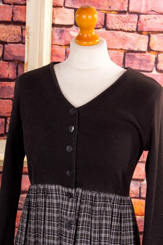 Vintage Original 90er Vestido Negro Gris Cuadros País Herbstkleid Boho Grunge S - Imagen 4 de 5